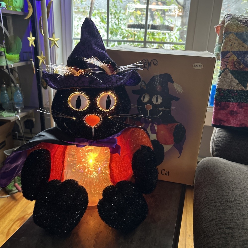 Halloween Light Fiber Optic Color Changing Animated Witch Cat in Jack O Lantern